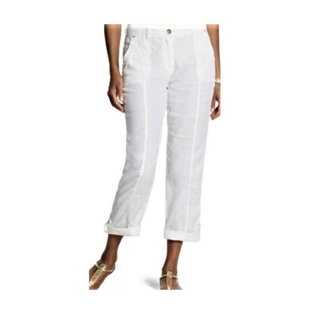 CHICOS White Linen Beach Pants: cargo pockets, rolled crop hem Size Junior 11